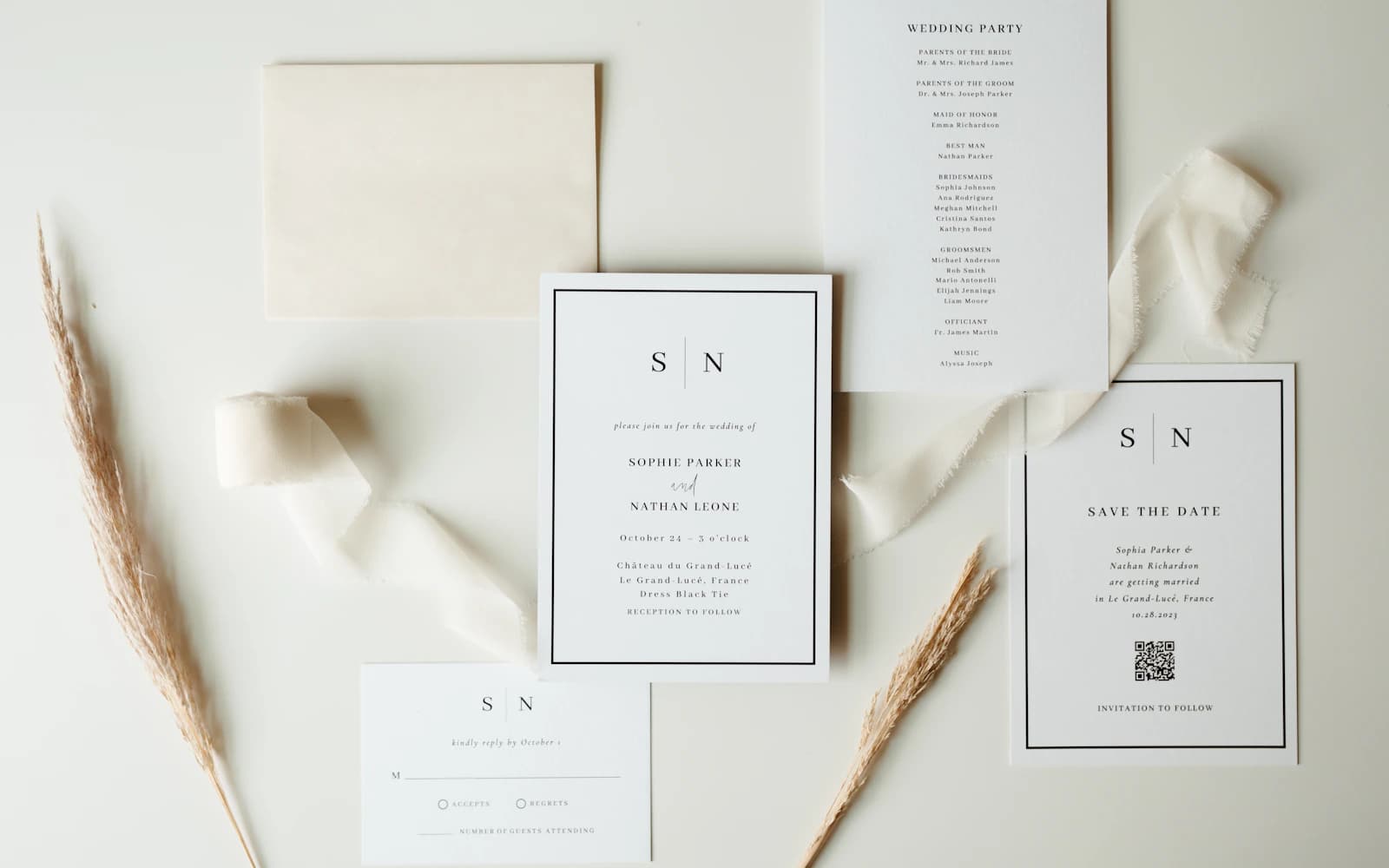 Wedding stationery with neutral ribbon and dried flowers